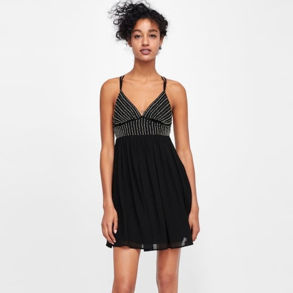 NWT Zara Size L Mini Beaded Strappy Dress Summer Cocktail LBD - Picture 1 of 6